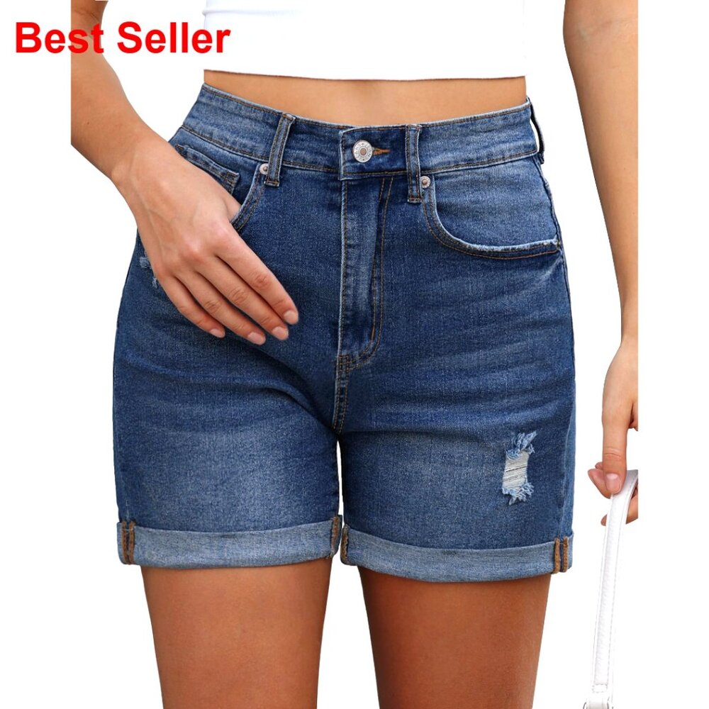 High Waisted Distressed Ripped Stretchy Denim Shorts Fold Hem